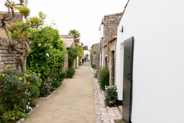 picturesque village center with cobblestone street in Saint Martin de Re France
