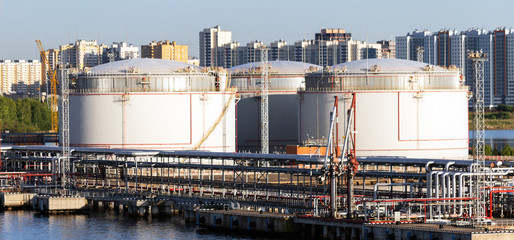Petrochemical industrial, gas storage tank oil storage tanks. Aerial view oil and gas storage.