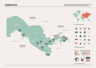 Vector map of Uzbekistan. Country map with division, cities and capital Tashkent. Political map,  world map, infographic elements.