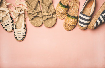 Variety of trendy summer shoes. Flat-lay of various espadrilles, sandals, flip flops made of...