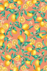 seamless hand painted botanical lemon branches with flowers pattern. Lemons, yellow fruit, citrus. Multicolor allover design. Summer mood.