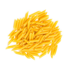 Dry Penne Rigate pasta isolated over white, top view