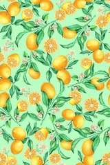 seamless hand painted botanical lemon branches with flowers pattern. Lemons, yellow fruit, citrus. Multicolor allover design. Summer mood.