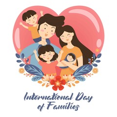 Hand drawn International Family Day / International day of Families with Flower Wreath Love Background - Father Mother Daughter Son Baby Vector Illustration