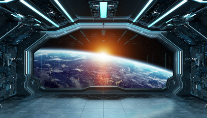 Dark blue spaceship futuristic interior with window view on planet Earth 3d rendering © sdecoret