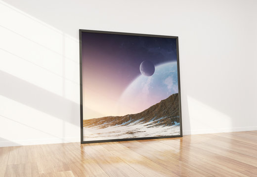 Black frame leaning in bright white interior with wooden floor mockup 3D rendering