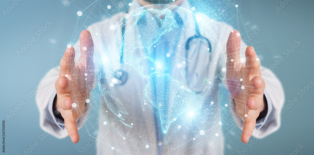 Poster doctor using america usa map globe network hologram 3d rendering