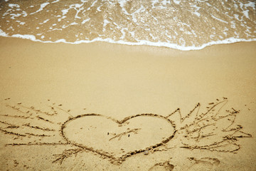 Heart shaped symbol on a sandy beach in summertime.