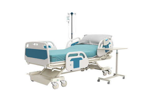 Concept hospital bed with electronic control from the console with dropper and table 3d render on white background no shadow