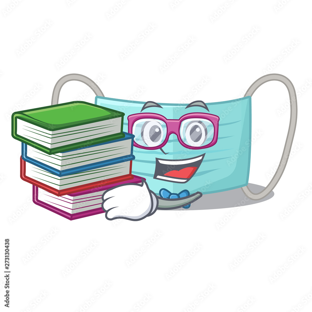 Poster student with book surgical mask in a cartoon wallet