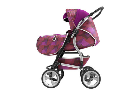 Purple baby stroller isolated left view 3d render on white background no shadow