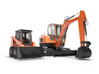 Orange mini excavator tracked on rubber run and mini loader on wheels rendering 3d render on white background with shadow