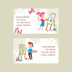 Art courses school set of business cards vector illustration. Girl and boy drawing, painting, sketching on easel. Education, enjoyment concept. Pencils, watercolor. Creative people. Hand print.