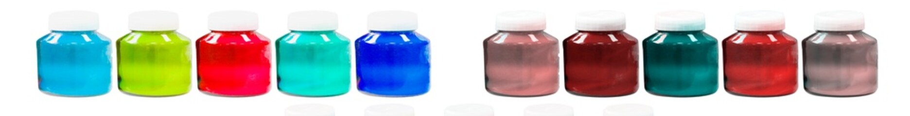 Set of colorful glass jars with plastic lids. isolated on white for your design. Yellow, violet, blue, red, green. Full banner format.