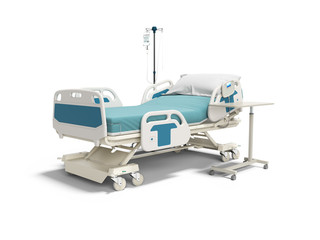 Concept hospital bed with electronic control from the console with dropper and table 3d render on white background with shadow