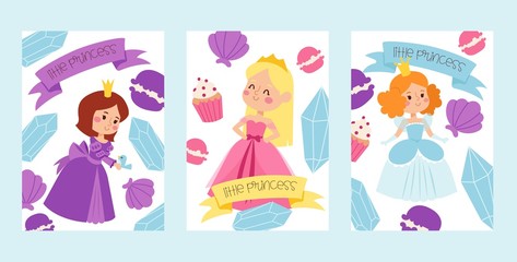 Little princess girls in evening gowns banner vector illustration. Elegant little female characters in flat style. Fashionable ladies in dresses with crowns, fairytale costumes.