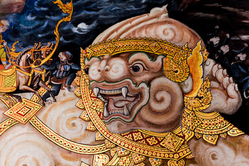 Ancient thai painting on wall in thailand buddha temple.