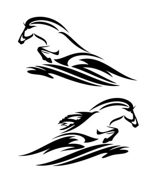 wild horse jumping from sea wave splash - black and white aquatic life vector design