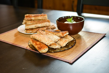 Pancakes in plates on the napkin