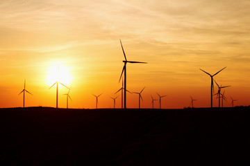 Obraz premium Wind Turbines Over Sunset Sky Generating Electricity. Sustainable Energy Power Generators, Renewable Power Supply