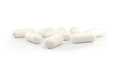 White Capsules isolated on white background. Supplements in capsules.