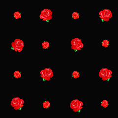Seamless red roses texture on black background.