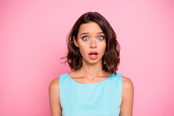 Fototapeta premium Close up photo beautiful she her lady pretty appearance speechless oh no facial expression epic fail weekend vacation wear cute shiny colorful blue dress isolated pink rose bright vivid background