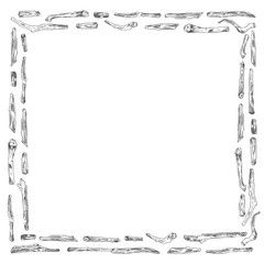 Ashwagandha hand drawn border frame pattern with berries, lives and branch in black color on white background. Retro vintage graphic design Botanical sketch drawing