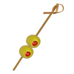 Green pitted olives on a bamboo cocktail stick isolated on white background with clipping path