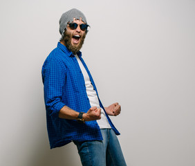 Crazy hipster man emotions. joyful emotions