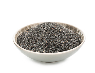 Bowl with poppy seeds on white background