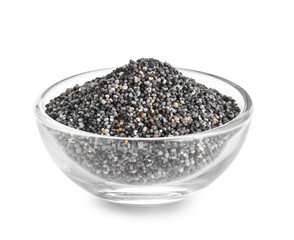 Bowl with poppy seeds on white background