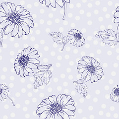 Vector chrysanthemum. Seamless pattern of golden-daisy flowers.  Monochrome template for floral decoration, fabric design, packaging or clothing. Polka dot blue background