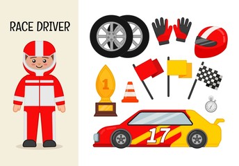 Vector character race driver. Illustrations of race driver equipment. Set of cartoon professions.