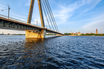 details of cable bridge in Riga latvia in summer by the river of Daugava