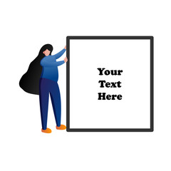 Woman pushing blank space frame for text. People lifestyle and beauty concept. Flat character design illustration vector.