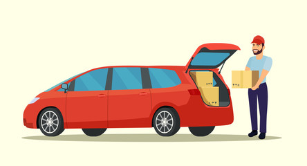Red minivan with open trunk isolated. Man with cardboard boxes. Vector flat style illustration. © lyudinka