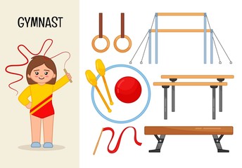 Vector character gymnast. Illustrations of gymnast equipment. Set of cartoon professions.