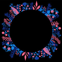 Flower frame on a black background circle botanical vector illustration hand drawn