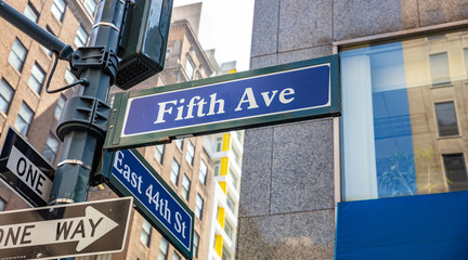 5th ave and E44 corner. Blue color street signs, Manhattan New York downtown