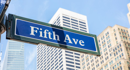 5th ave, Manhattan New York downtown. Blue color street signs,