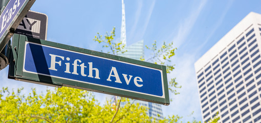 5th ave, Manhattan New York downtown. Blue color street signs,