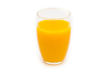  Full glass of orange juice on white background. The concept of healthy organic food. Natural organic product. Food for vegetarians and vegans.