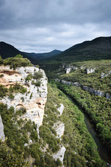 Río pasando a través de montañas y un bosque.