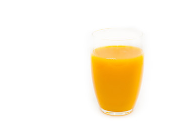  Full glass of orange juice on white background. The concept of healthy organic food. Natural organic product. Food for vegetarians and vegans.