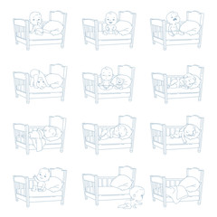  Set of vector illustration with baby in bed in different situation. 