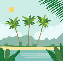 Fototapeta na wymiar Tropical landscape with palm trees, ocean. Vector flat style illustration