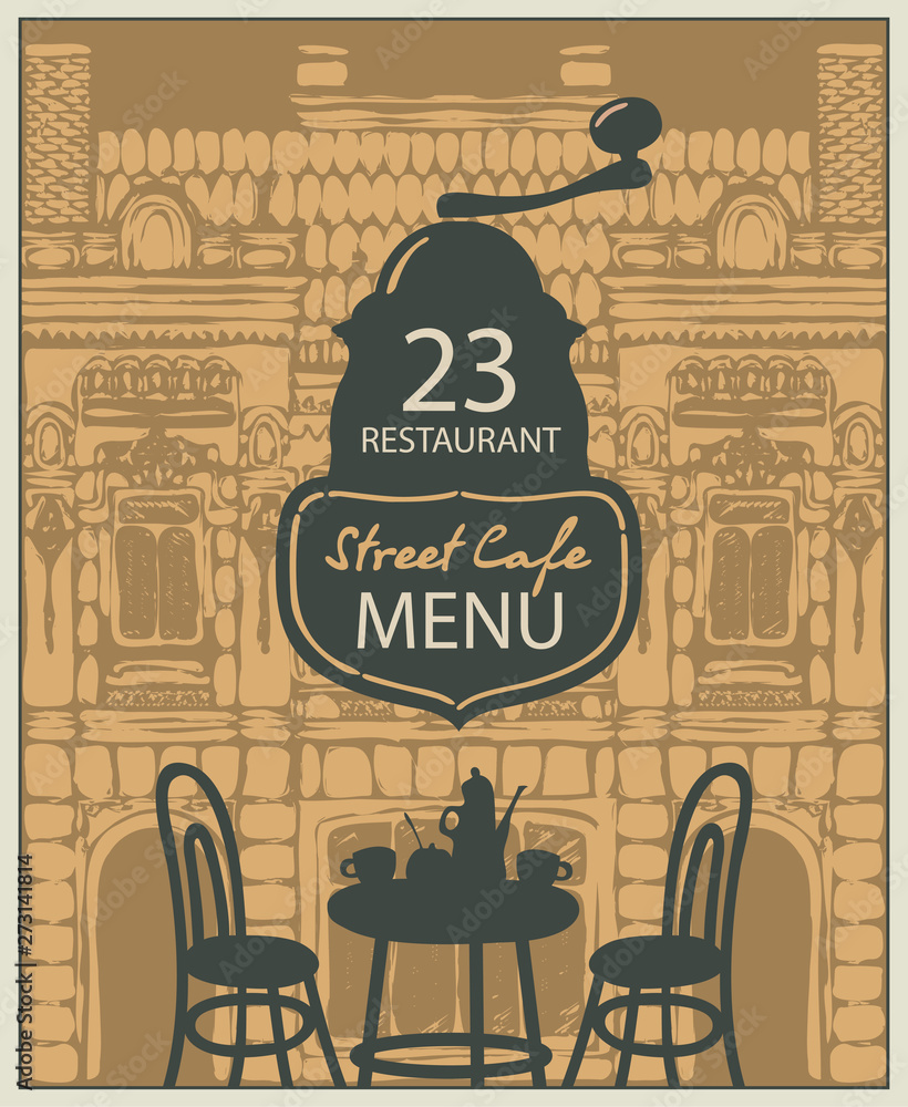 Wall mural Vector menu for street cafe or restaurant with table set for two, chairs and tea on the background of old building in retro style