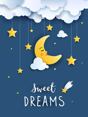 Obraz na płótnie Canvas Sweet dream and Good night concept illustration, Baby shower greeting card, Invitation Template, vector paper art