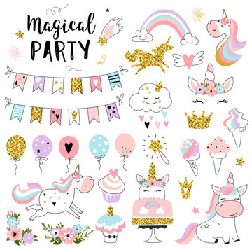 Unicorn magic party elements for greeting, birthday, invitation, baby shower card. Set of rainbow, sweets, crown, balloons, flags, cupcakes and other. Vector illustration.